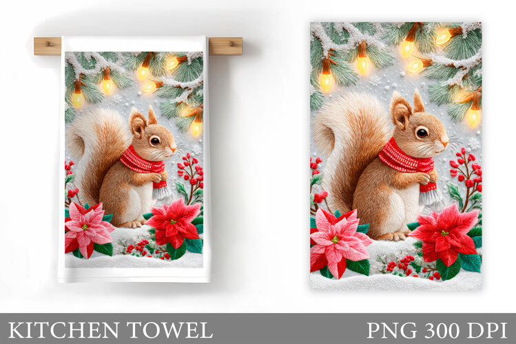 Cute Squirrel Kitchen Towel. Christmas Kitchen Towel Design example image 1