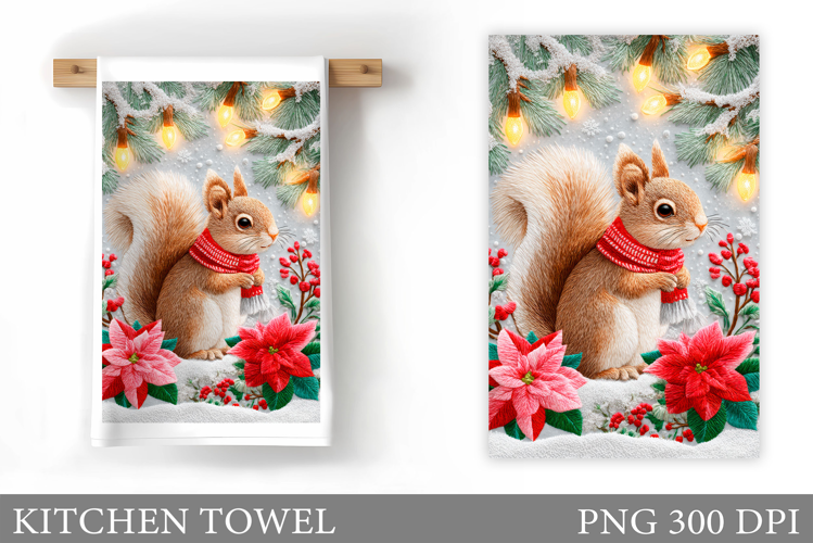 Cute Squirrel Kitchen Towel. Christmas Kitchen Towel Design