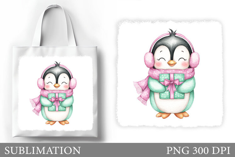 Cute Penguin Tote Bag Design. Christmas Tote Bag Sublimation example image 1