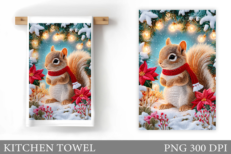 Cute Squirrel Kitchen Towel. Christmas Kitchen Towel Design