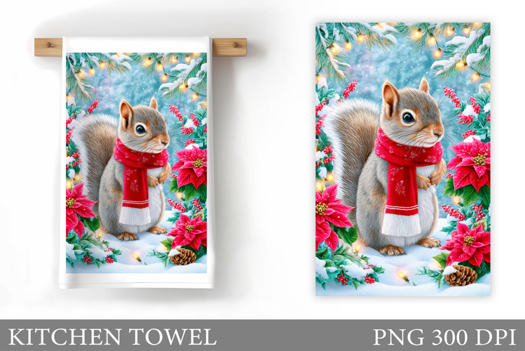 Cute Squirrel Kitchen Towel. Christmas Kitchen Towel Design