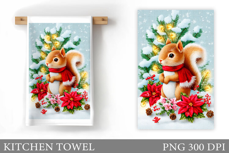Cute Squirrel Kitchen Towel. Christmas Kitchen Towel Design example image 1