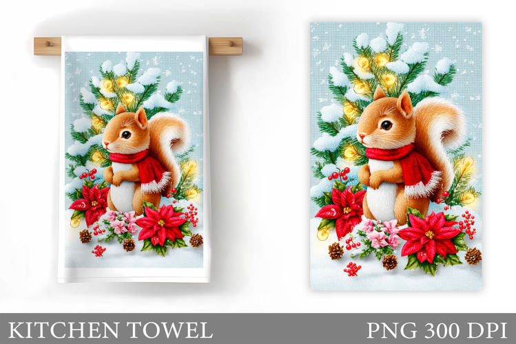 Cute Squirrel Kitchen Towel. Christmas Kitchen Towel Design