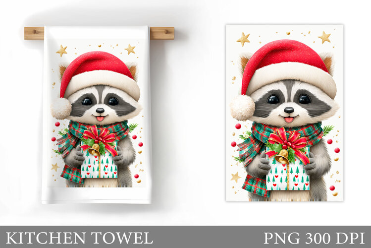 Christmas Raccoon Kitchen Towel. Christmas Kitchen Towel example image 1
