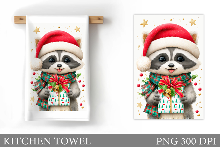 Christmas Raccoon Kitchen Towel. Christmas Kitchen Towel