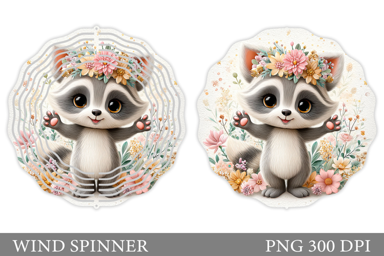 Cute Raccoon Wind Spinner. Raccoon Flowers Wind Spinner