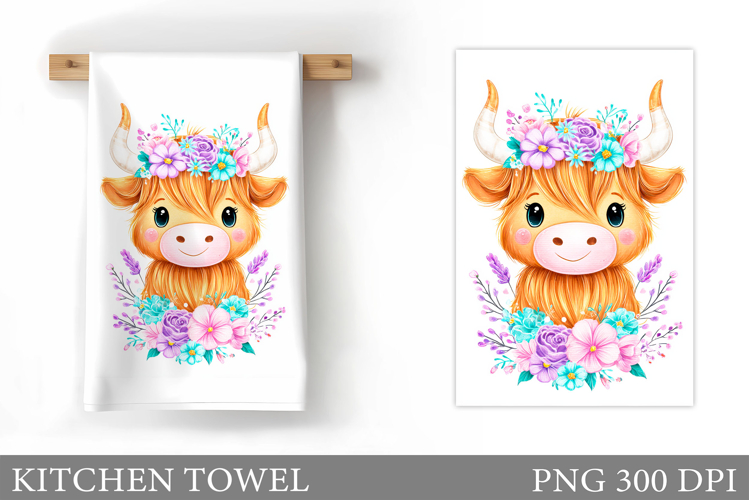 Highland Cow Kitchen Towel. Cow Flowers Kitchen Towel Design
