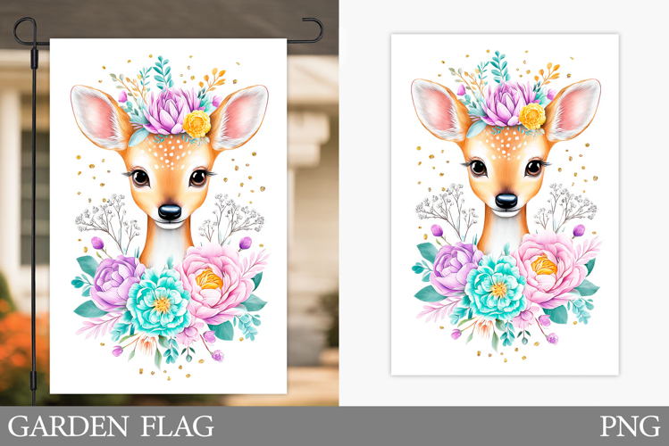 Cute Deer Garden Flag Design. Deer Flowers Garden Flag