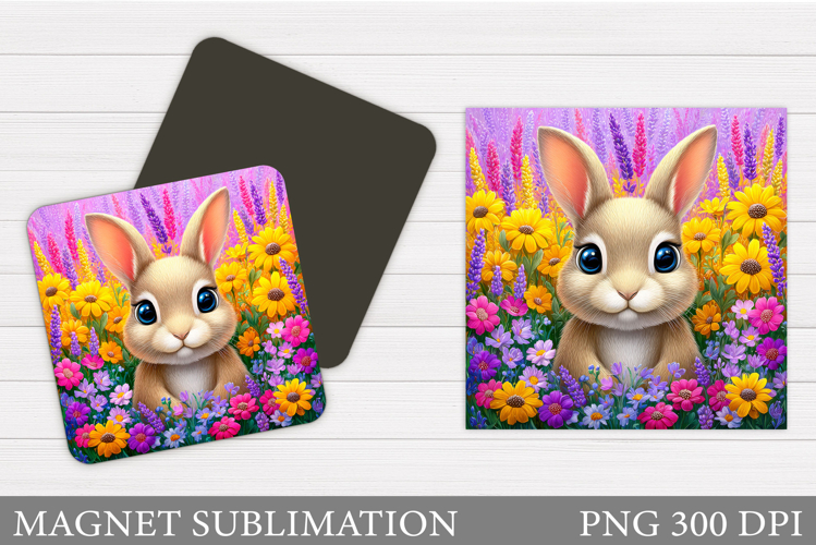 Cute Bunny Magnet Sublimation. Bunny Flowers Magnet Design