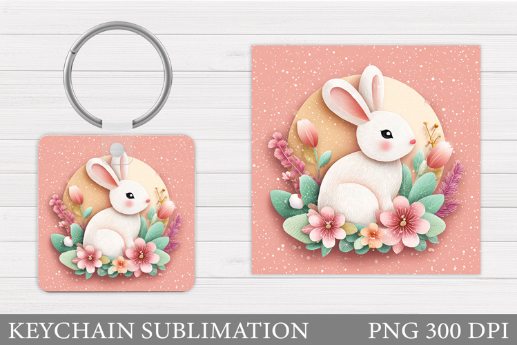 Cute Bunny Keychain. Bunny Flowers Keychain Sublimation