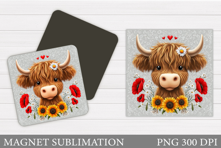 Highland Cow Magnet Design. Cow Flowers Magnet Sublimation