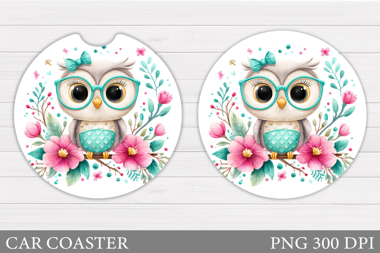 Owl Car Coaster Sublimation. Owl Flowers Car Coaster Design