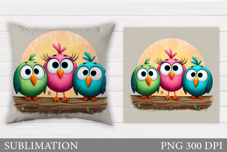 Funny Birds Sublimation. Cute Birds Pillow Sublimation example image 1