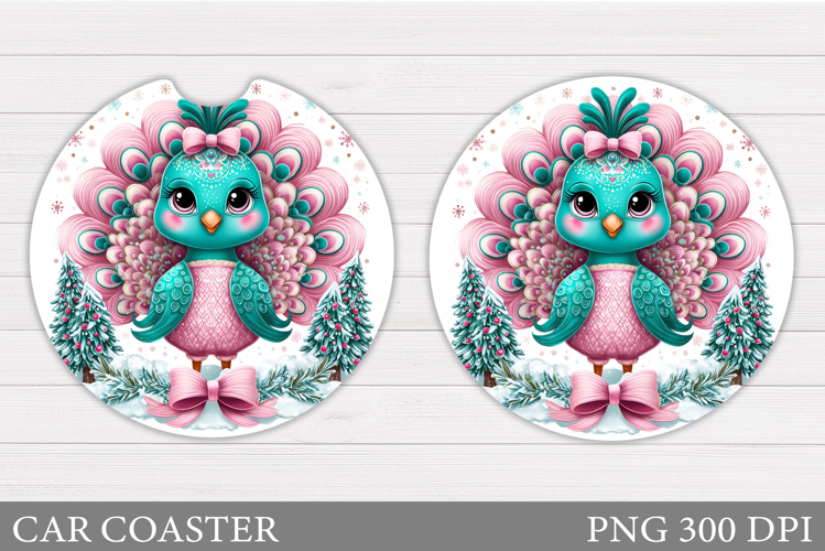 Christmas Peacock Car Coaster. Christmas Car Coaster Design