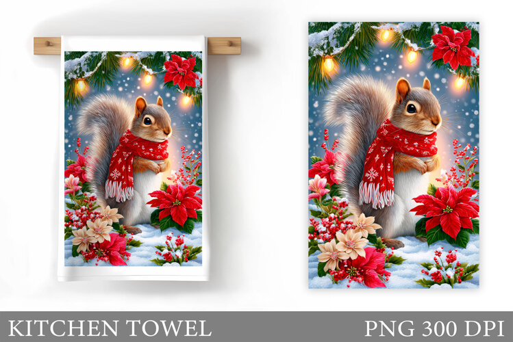 Cute Squirrel Kitchen Towel. Christmas Kitchen Towel Design example image 1