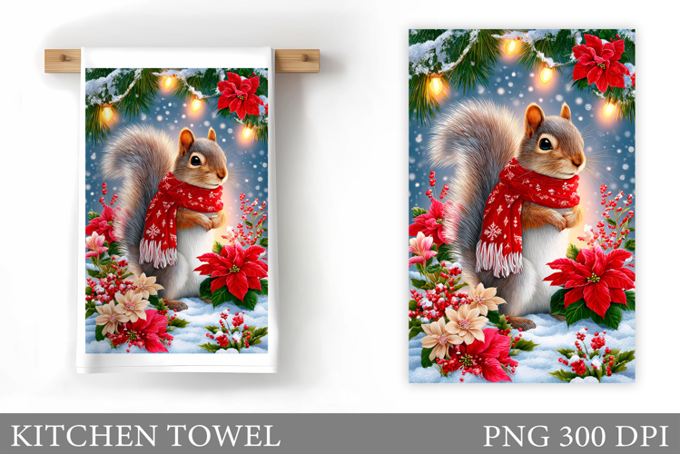 Cute Squirrel Kitchen Towel. Christmas Kitchen Towel Design