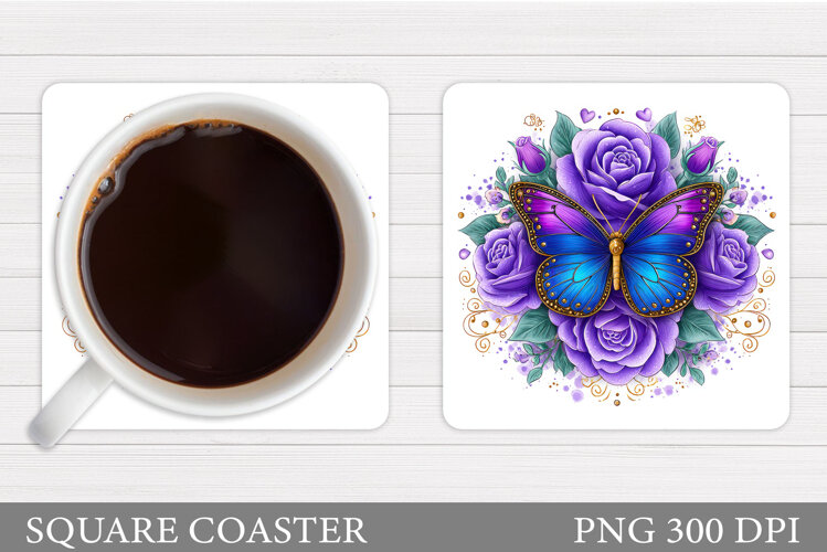 Butterfly Coaster Sublimation. Butterfly Flowers Coaster example image 1