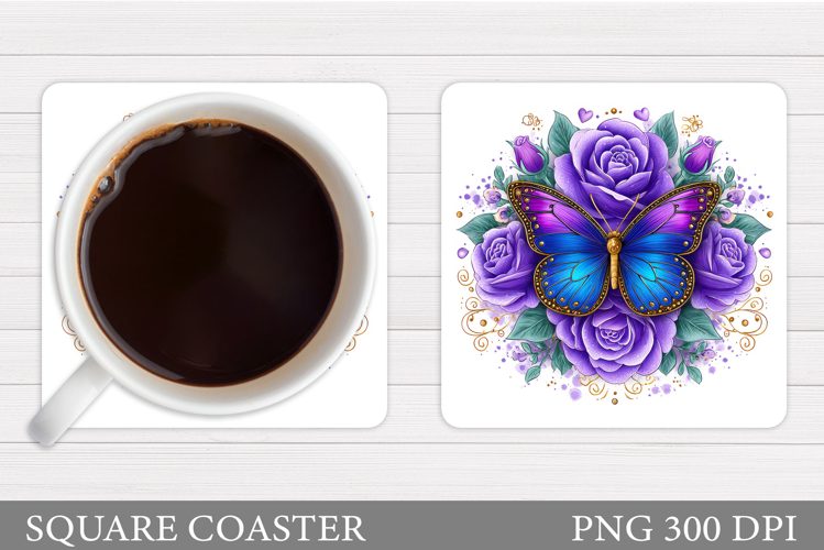 Butterfly Coaster Sublimation. Butterfly Flowers Coaster