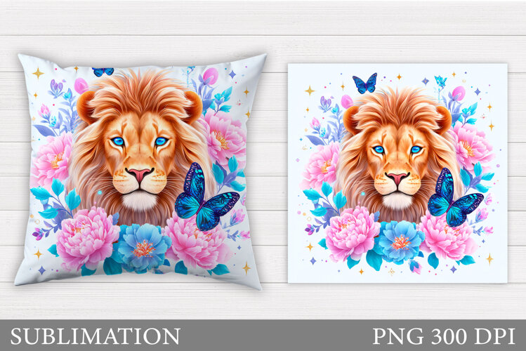 Lion Pillow Sublimation. Lion Flowers Pillow Design example image 1