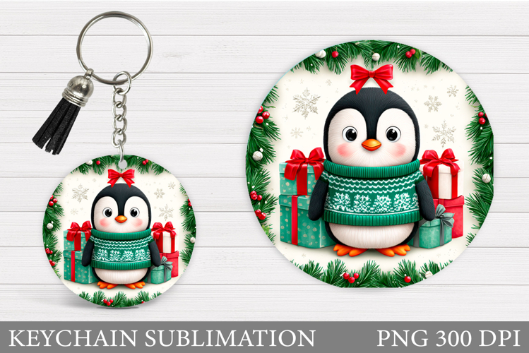 Cute Penguin Keychain Sublimation. Christmas Keychain Design