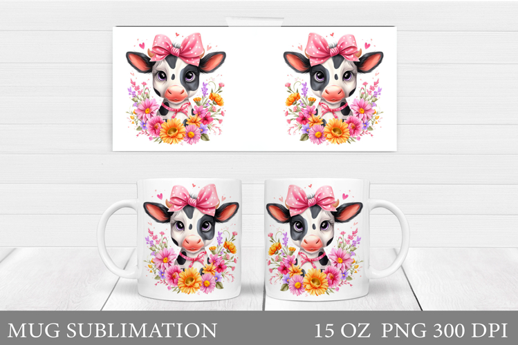 Cute Cow Mug Sublimation. Cow Flowers Mug Wrap Design