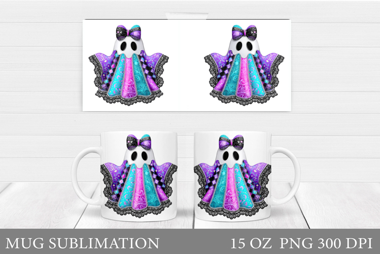 Patchwork Ghost Mug Design. Cute Halloween Mug Sublimation