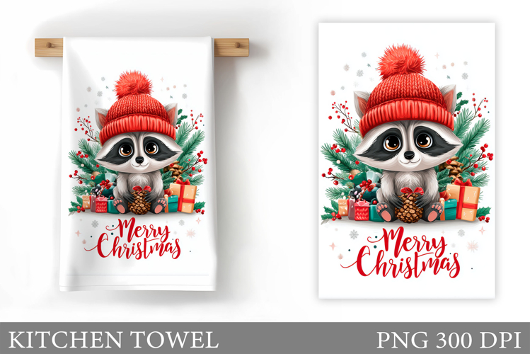 Christmas Raccoon Kitchen Towel. Christmas Kitchen Towel