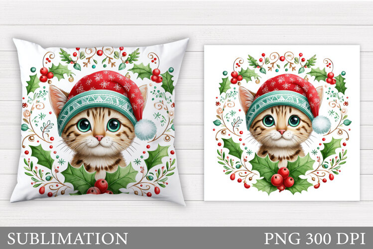 Christmas Cat Pillow Design. Christmas Pillow Sublimation example image 1