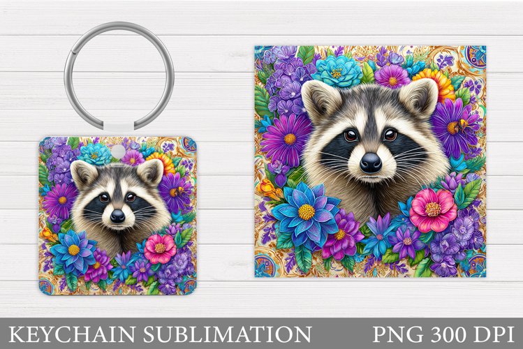 Cute Raccoon Keychain Design. Raccoon Flowers Keychain