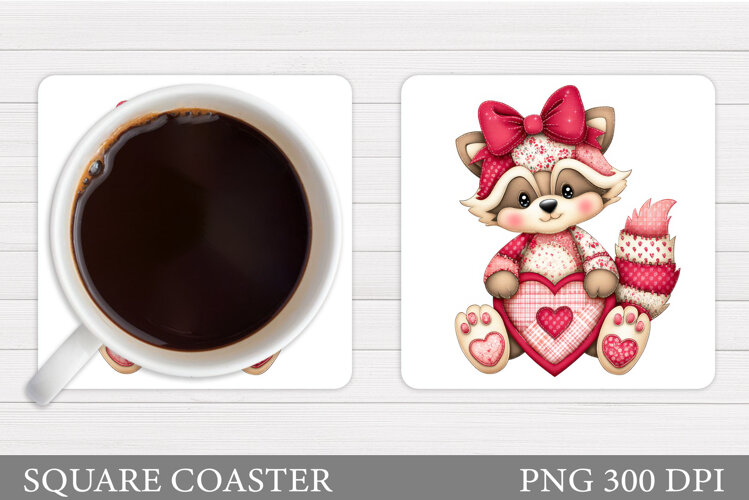 Patchwork Raccoon Coaster. Valentines Raccoon Coaster Design example image 1