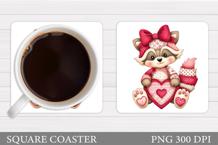 Patchwork Raccoon Coaster. Valentines Raccoon Coaster Design