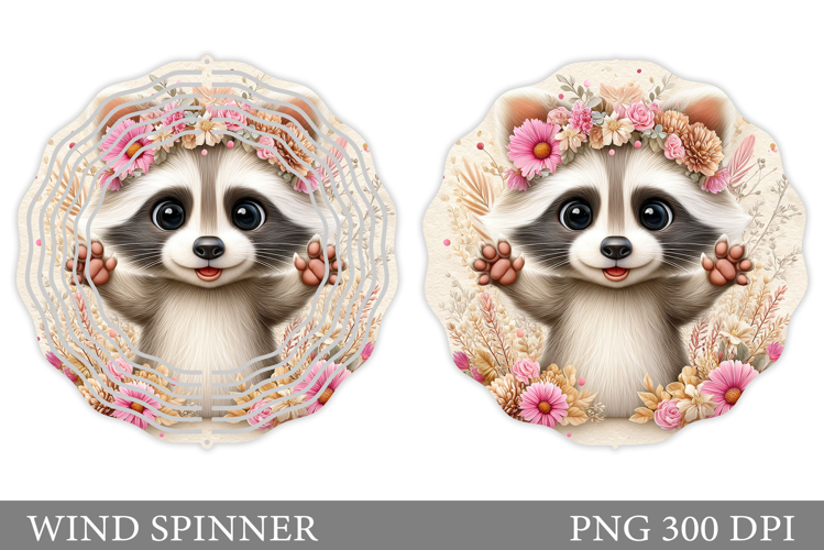 Cute Raccoon Wind Spinner. Raccoon Flowers Wind Spinner