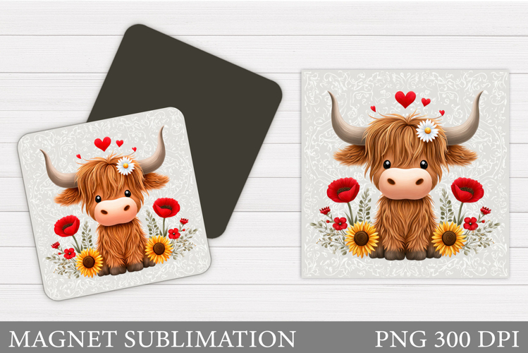 Highland Cow Magnet Design. Cow Flowers Magnet Sublimation