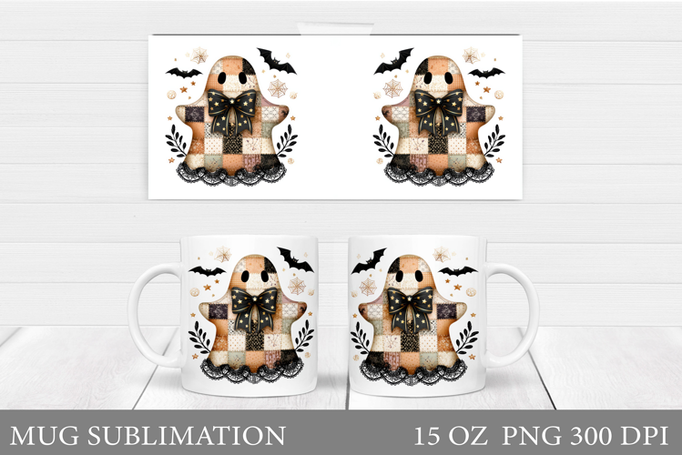 Patchwork Ghost Mug Design. Cute Halloween Mug Sublimation