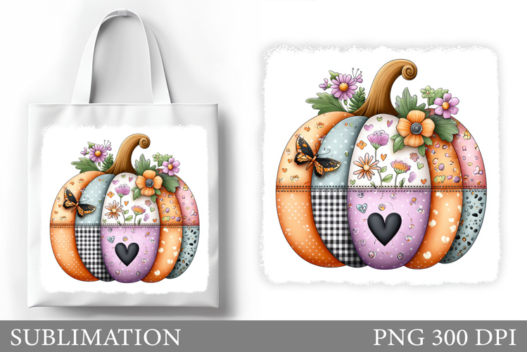 Patchwork Pumpkin Tote Bag Design. Fall Tote Bag Sublimation