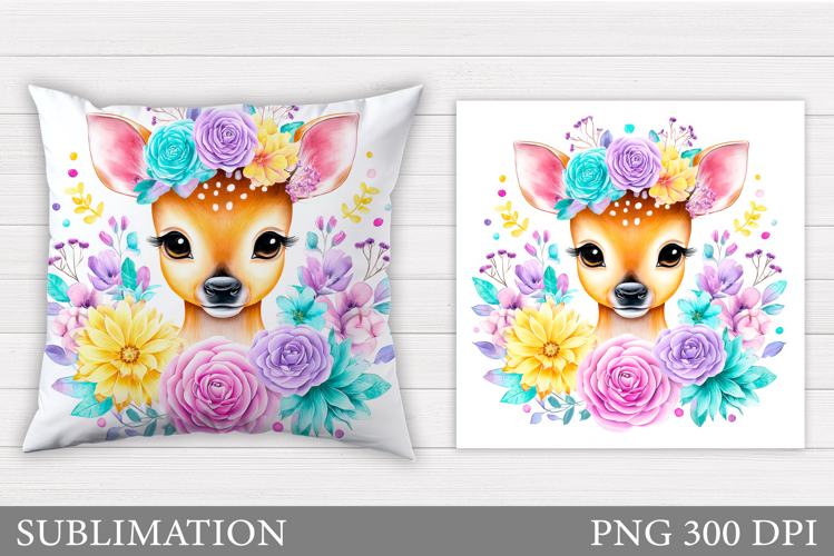 Cute Deer Pillow Sublimation. Deer Flowers Sublimation example image 1