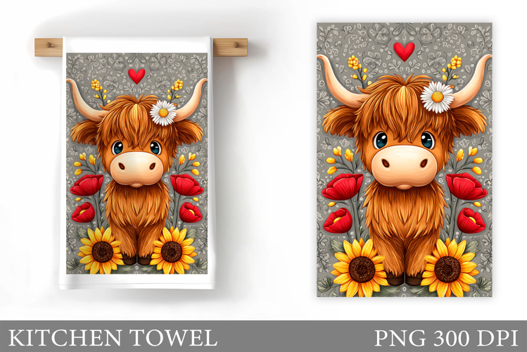 Highland Cow Kitchen Towel. Cow Flowers Kitchen Towel Design