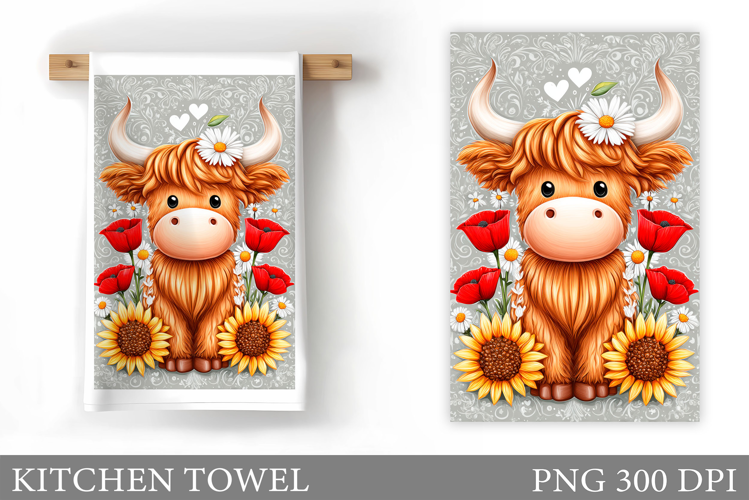 Highland Cow Kitchen Towel. Cow Flowers Kitchen Towel Design