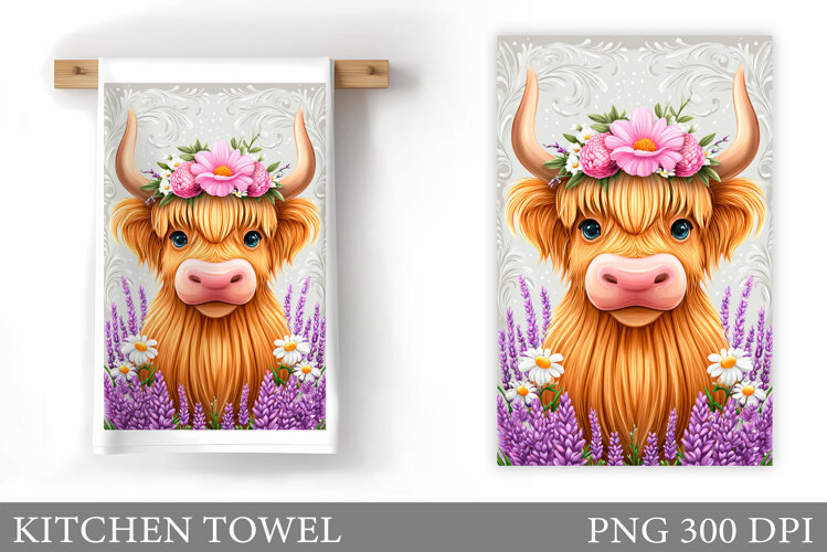 Highland Cow Kitchen Towel. Cow Flowers Kitchen Towel Design example image 1