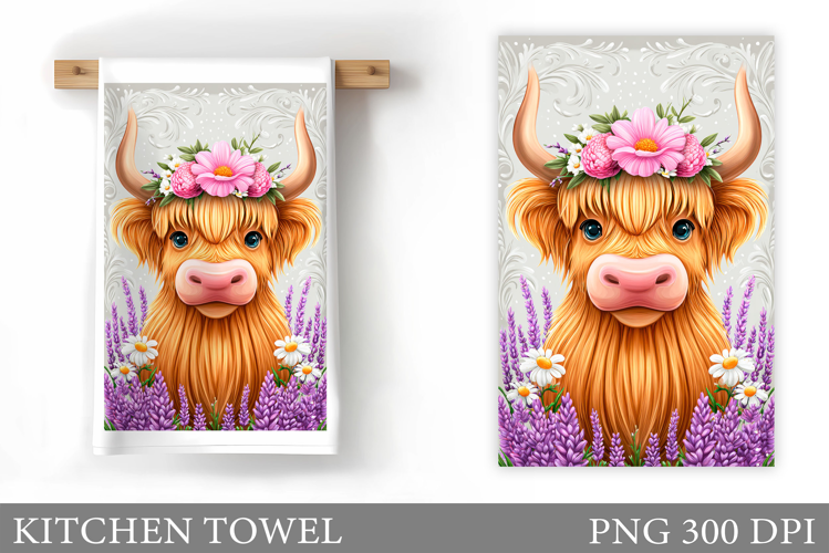 Highland Cow Kitchen Towel. Cow Flowers Kitchen Towel Design