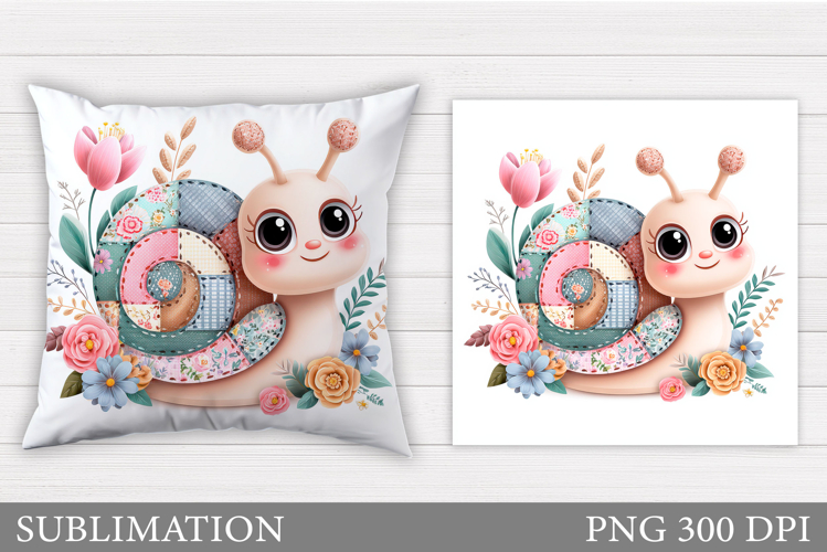 Patchwork Snail Pillow Design. Cute Snail Sublimation