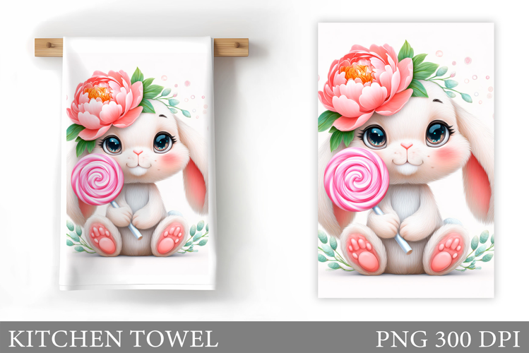 Cute Bunny Kitchen Towel. Bunny Flowers Kitchen Towel Design