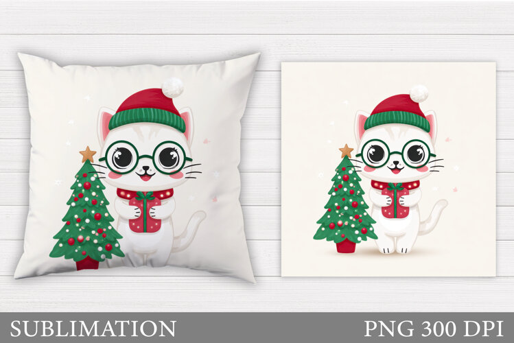Christmas Cat Pillow Design. Christmas Pillow Sublimation example image 1