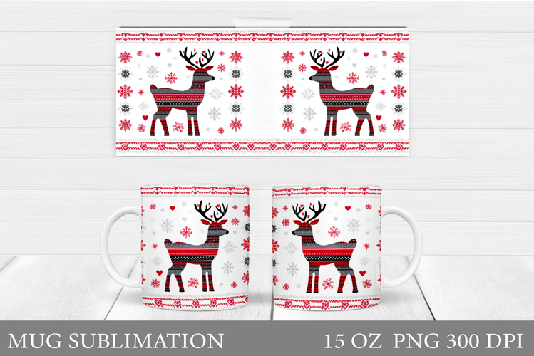 Reindeer Mug Wrap Design. Christmas Mug Sublimation