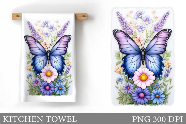 Butterfly Kitchen Towel. Flowers Kitchen Towel Sublimation example image 1
