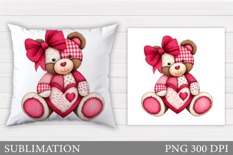 Patchwork Bear Pillow Design. Valentines Pillow Sublimation
