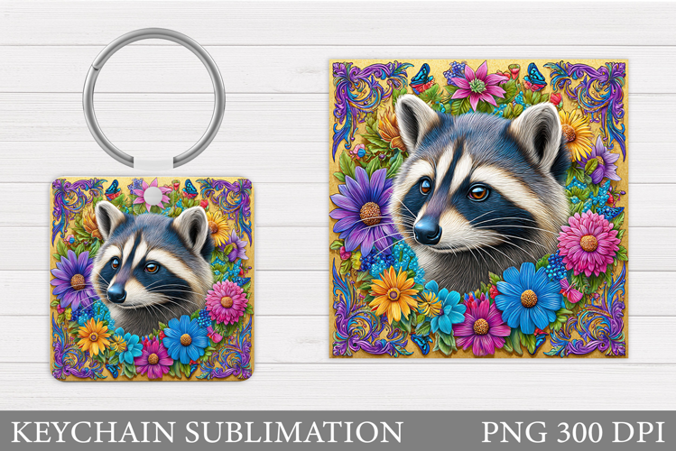 Cute Raccoon Keychain Design. Raccoon Flowers Keychain