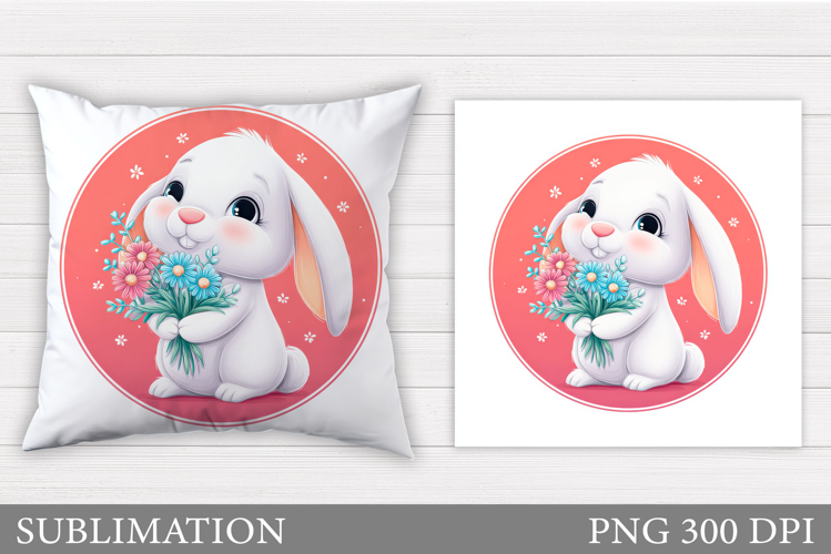 Cute Bunny Pillow Design. Cute Bunny Flowers Sublimation