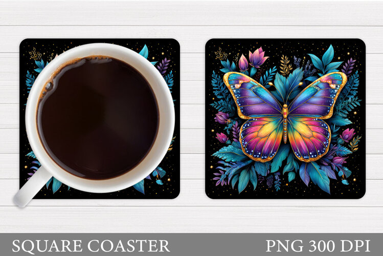 Butterfly Coaster Sublimation. Butterfly Flowers Coaster example image 1