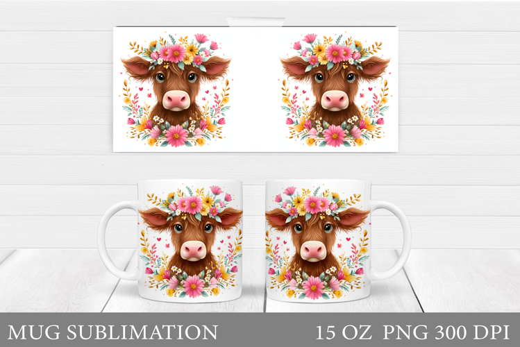 Cute Cow Mug Wrap Design. Cow Flowers Mug Sublimation